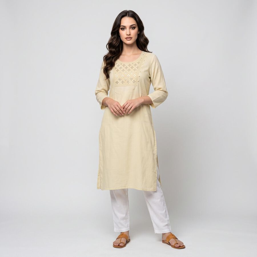 Women's Beige Round Neck Embroidered Kurta, Beige, large