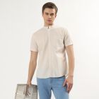 Men's Beige Cotton Half Sleeve Mandarin Collar Casual Shirt, Beige, small
