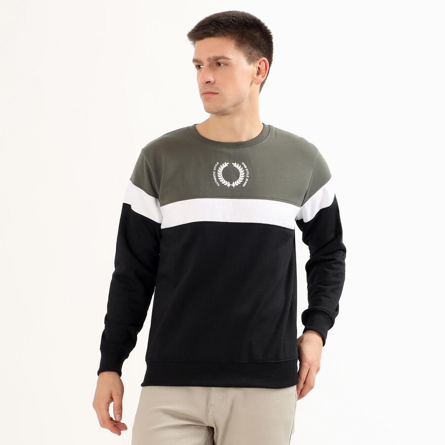 Men's Olive Green and Black Crew Neck Casual Sweatshirt, Dark Green, large image number null