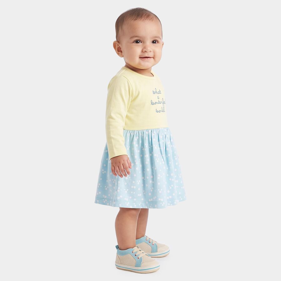 Infants' Yellow Fit and Flare Embroidered Long Sleeve Frock, पीला, large