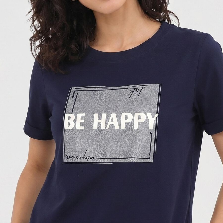 Women's Navy Blue Round Neck Regular T-Shirt, नेवी ब्लू, large