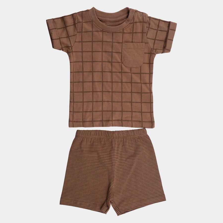 Infants' Beige 100% Cotton Round Neck Checked Baba Suit, Beige, large