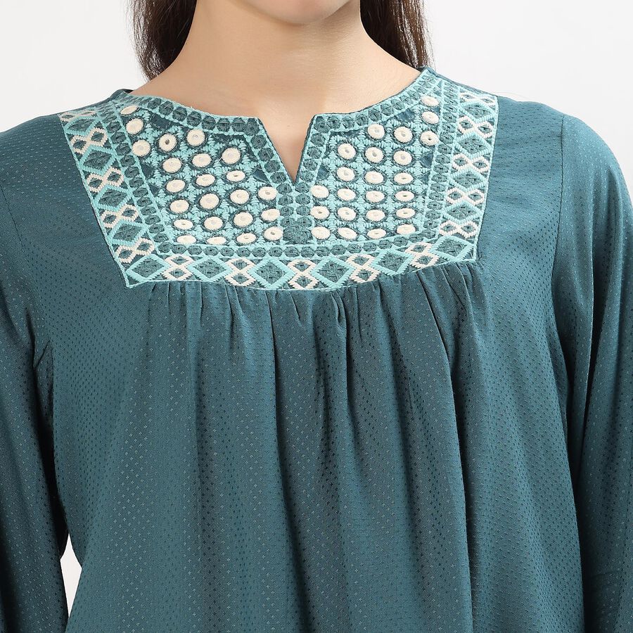 Women's Muted Teal Blue Notch Neck Embroidered Kurti, Mid Blue, large image number null