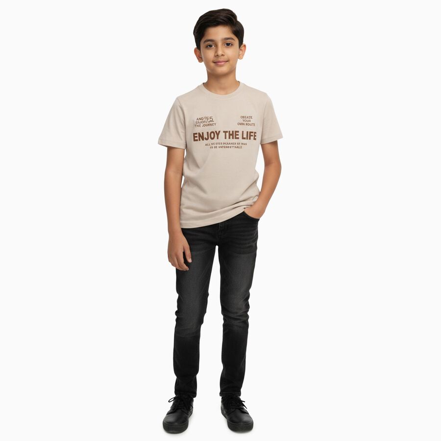 Boys Light Beige Round Neck Casual Half Sleeve T-Shirt, Beige, large