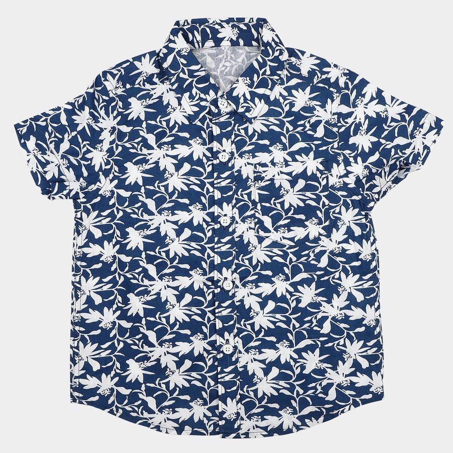 Boys Navy Blue Cotton Floral Printed Collar Shirt, Navy Blue, large