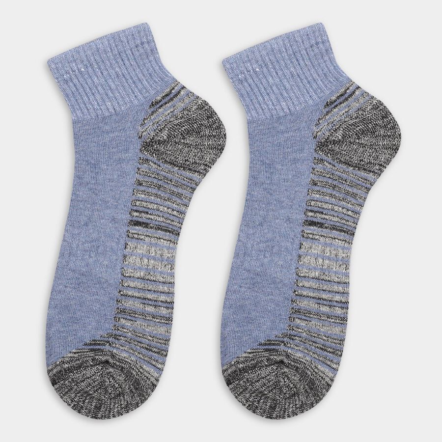 Men's Dark Charcoal Gray and Light Powder Blue Striped Ankle Socks, Mid Blue, large image number null