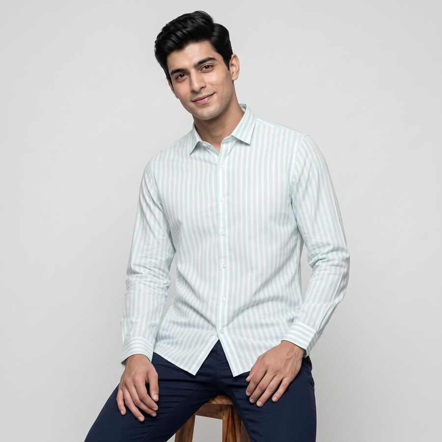 Men's Mint Green Cotton Slim Fit Striped Shirt, Light Green, large