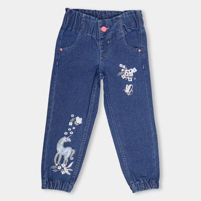 Girls' Stonewashed Blue Regular Fit Embroidered Pull-Up Jeans