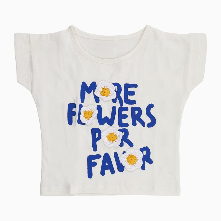 Girls' White Cotton Round Neck Casual T-Shirt, सफ़ेद, large image number null