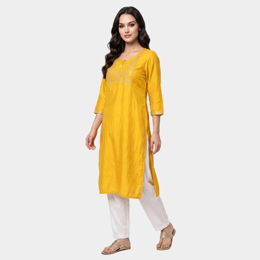 Women's Yellow Round Neck Embroidered Kurta, Yellow, large