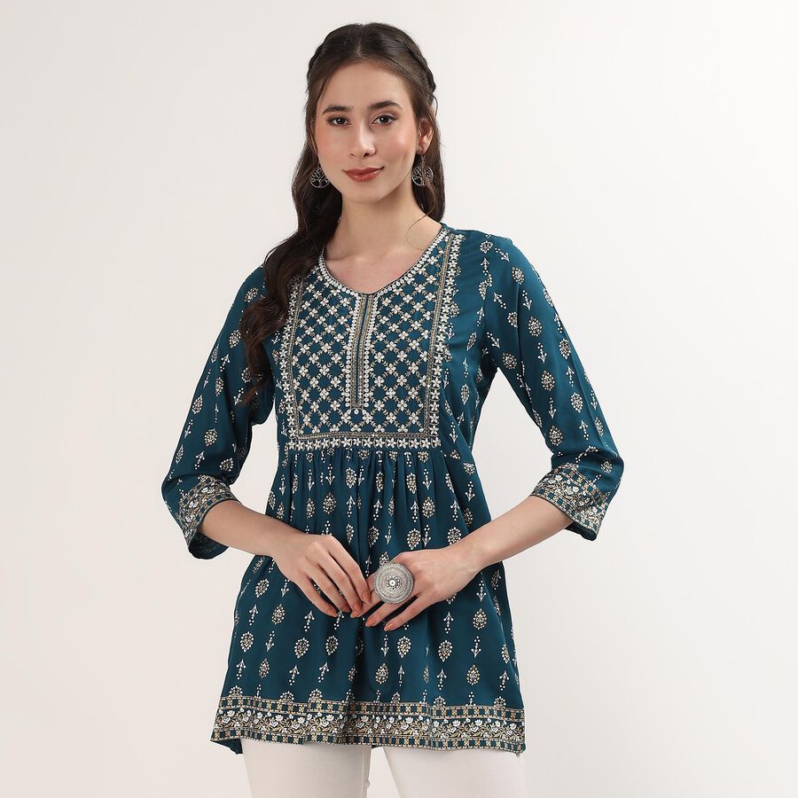 Women's Teal Mandarin Collar Self Design Straight Kurti, टील ब्लू, large