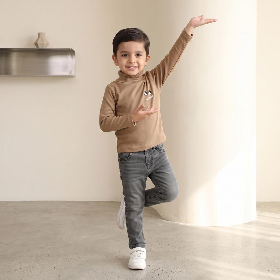 Boys' Beige High Neck Graphic Pullover, Beige, large