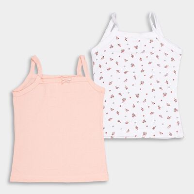 Girls Peach and White Cotton Round Neck Casual Vest