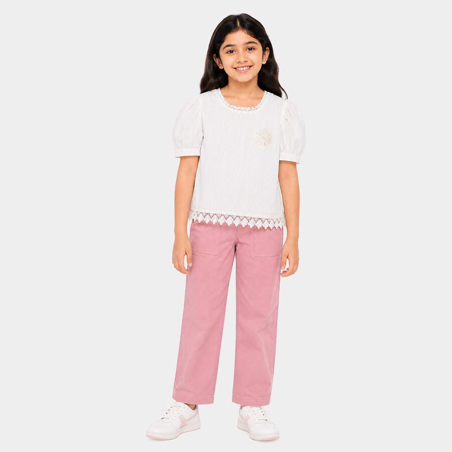 Girls White Round Neck Regular T-Shirt, सफ़ेद, large