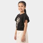 Girls Black Round Neck Regular T-Shirt, काला, small
