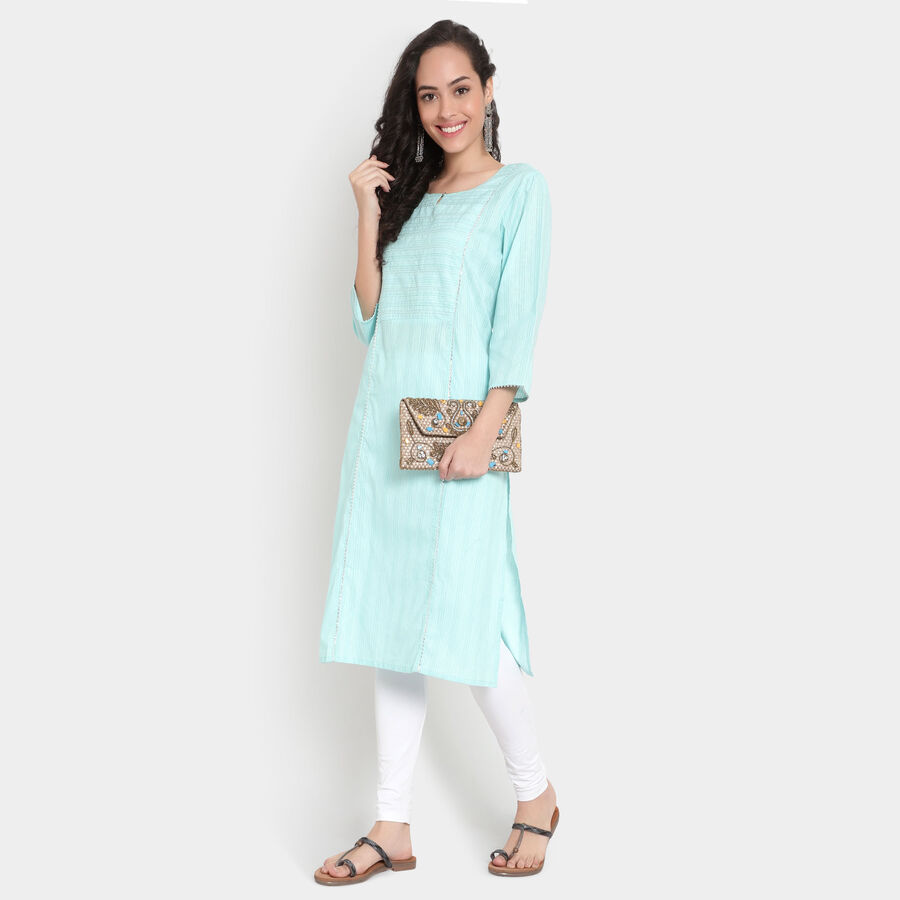 Cotton Embroidered 3/4Th Sleeves Kurta, Light Blue, large image number null
