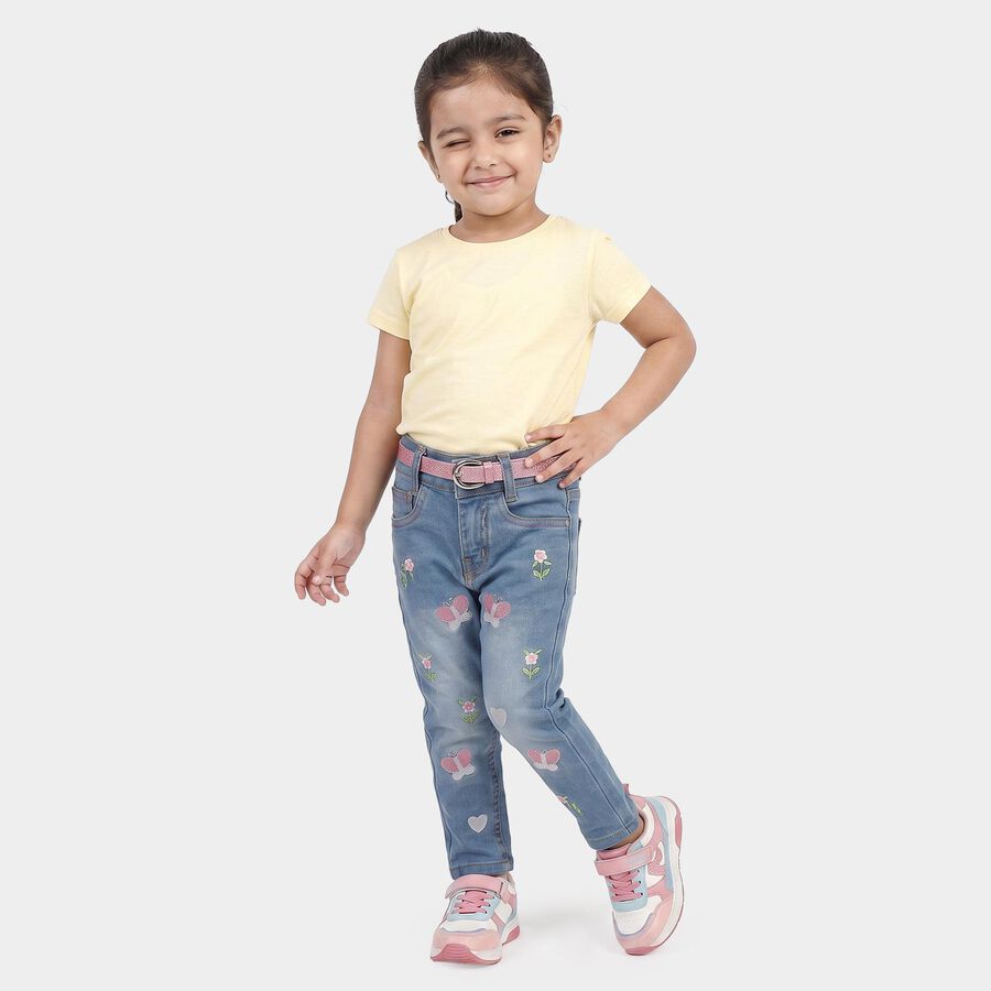 Girls' Light Blue Slim Fit Embroidered Jeans, मध्यम नीला, large