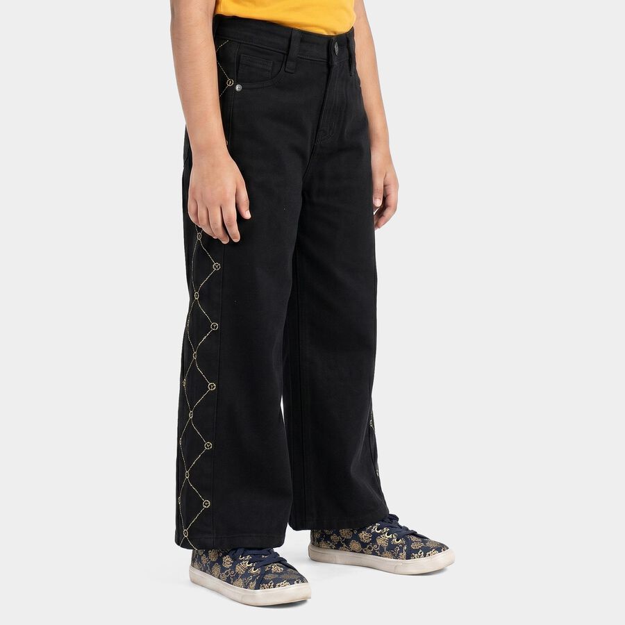 Girls Black Wide Leg Side Stitch Detail Jeans, काला, large