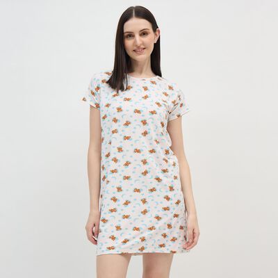 Women's Soft White Round Neck Casual Nighty