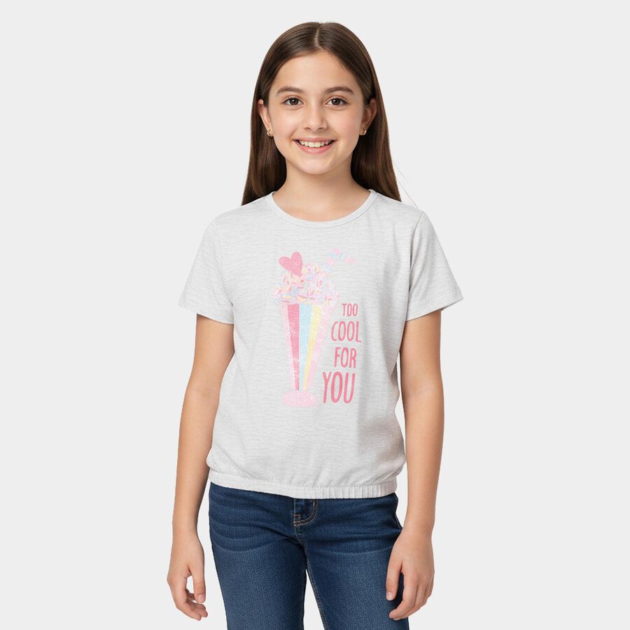 Girls Grey Round Neck Regular T-Shirt, मिश्रित हल्का ग्रे, large