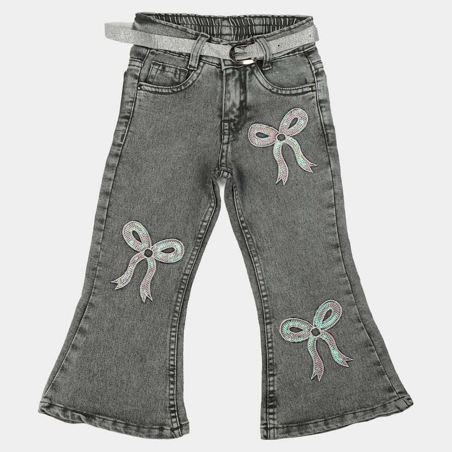 Girls Grey Flared Fit Sequin Applique Jeans, Light Grey, large