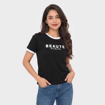 Women's Black Cotton Round Neck Regular T-Shirt