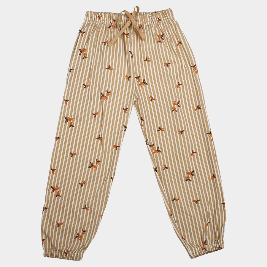 Girls' Beige Jogger Fit Striped Printed Cotton Blend Pyjama, गहरा पीला, large