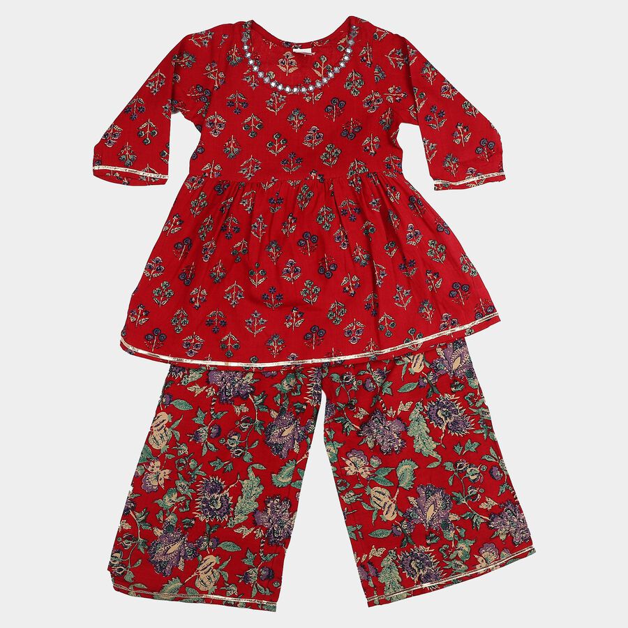 Girls Red Round Neck Fusion Set Upper and Bottom Set, लाल, large