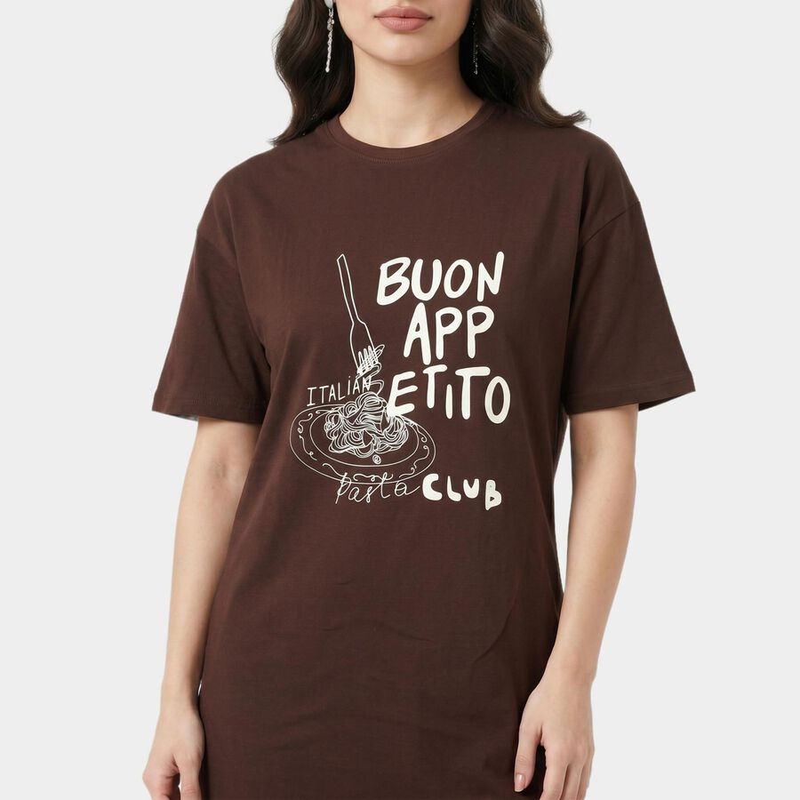 Women's Brown Cotton Round Neck T-Shirt Style Nighty, भूरा, large