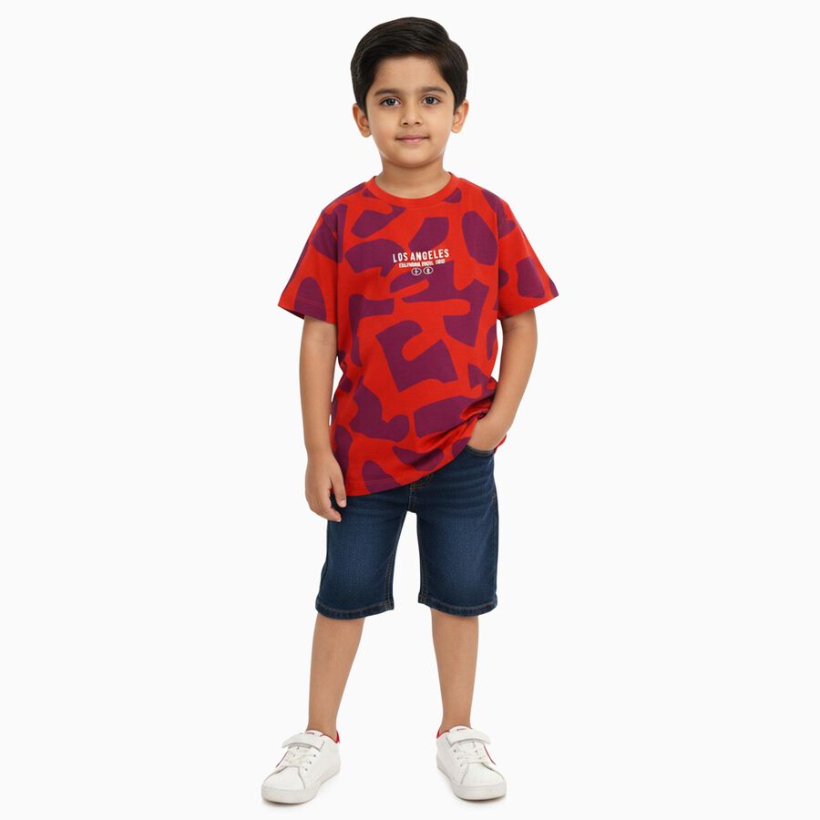 Boys Bright Red Cotton Round Neck Casual T-Shirt, Orange, large