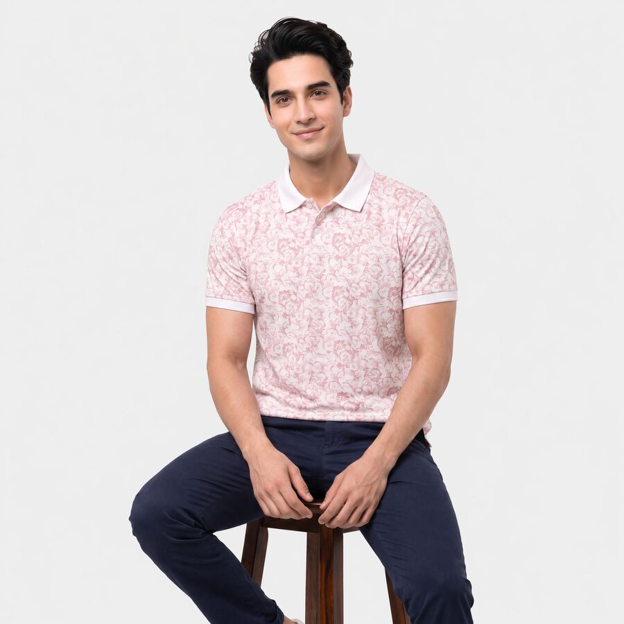 Men's Rust Cotton Polo Neck Floral Printed T-Shirt, Rust, large