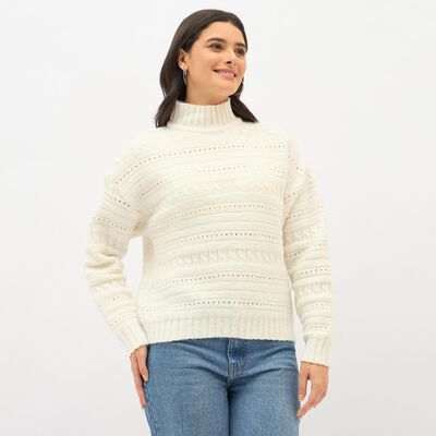 Women's Off-White High Neck Casual Cardigan