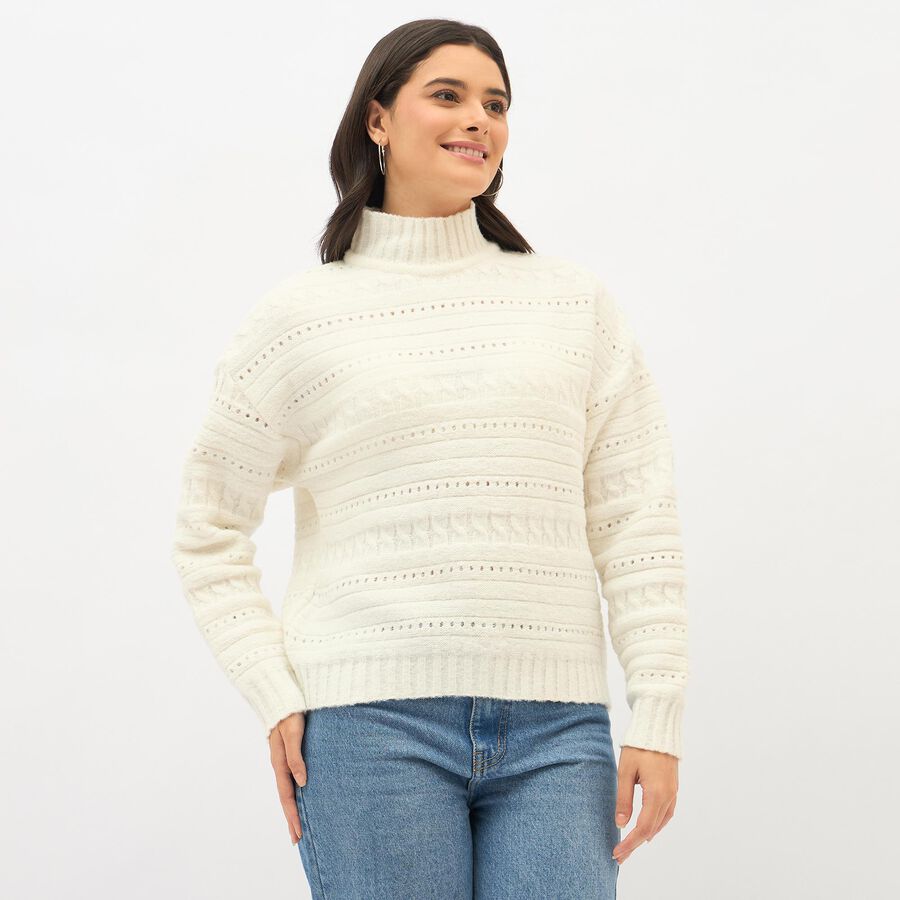 Women's Off-White High Neck Casual Cardigan, ऑफ व्हाइट, large image number null