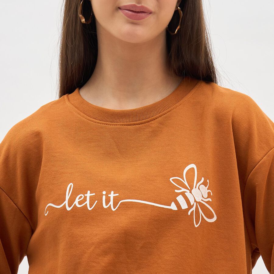 Women's Rust Orange Crew Neck Casual Sweatshirt, मस्टर्ड, large image number null