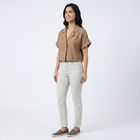 Women Beige Half Sleeve Notched Collar Casual Shirt, Beige, small