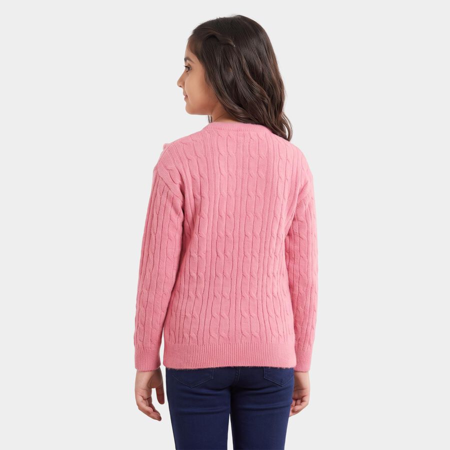 Girls' Pink Crew Neck Cable Knit Pullover, Light Pink, large