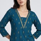 Women's Teal V-Neck Printed Straight Kurti, Teal Blue, small