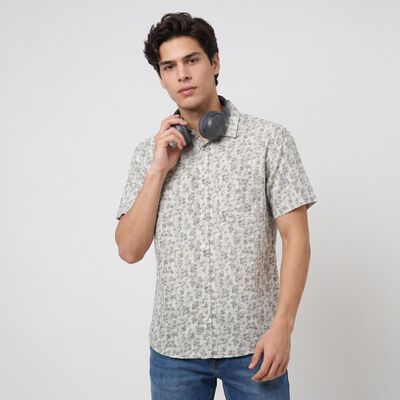 Men's Charcoal Cotton Floral Regular Fit Casual Shirt