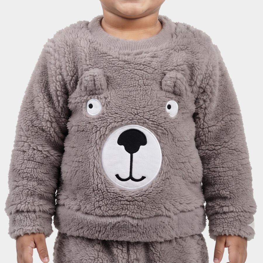 Infants' Grey Round Neck Bear Appliqu&eacute; Baba Suit, हल्का ग्रे, large