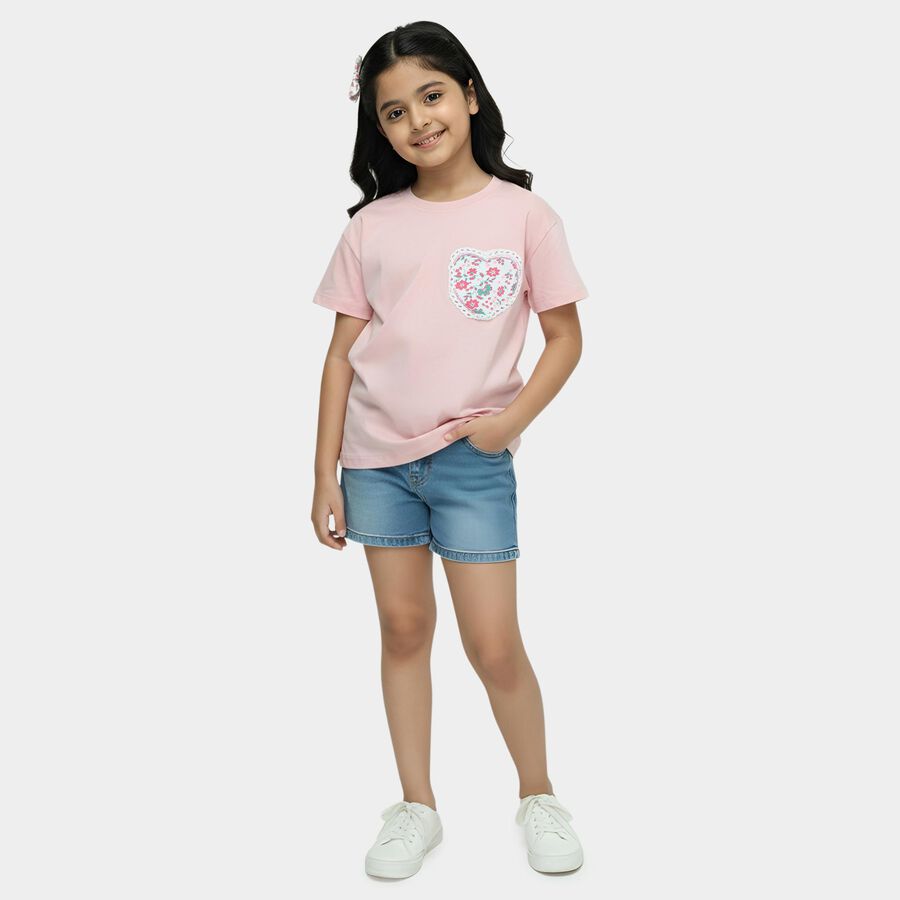 Girls Pink Cotton Round Neck Graphic Print T-Shirt, Pink, large