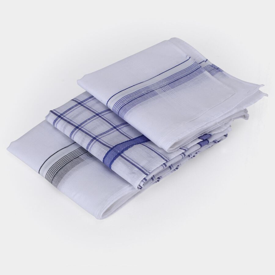 Men's White Patterned Pack of 3 Handkerchief, मध्यम नीला, large