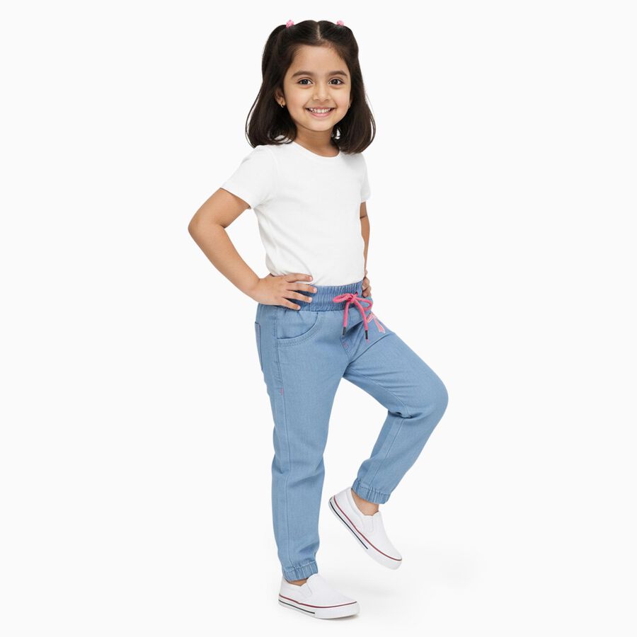 Girls' Light Blue Elastic Waist Bow Detail Jeans, Light Blue, large