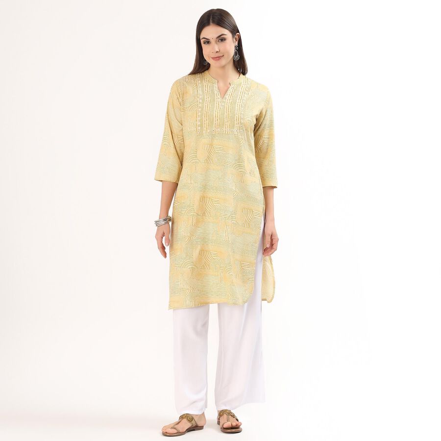 Women's Yellow Round Neck Straight Kurta, पीला, large