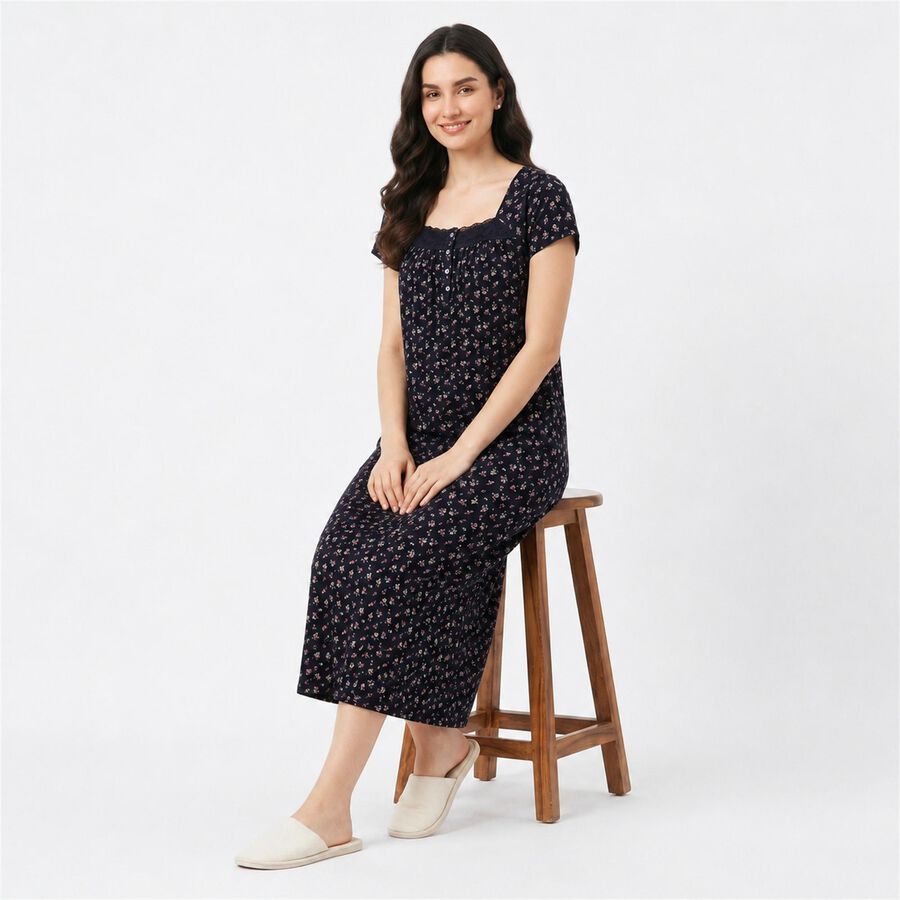 Women Navy Blue Square Neck A-Line Nighty, Navy Blue, large
