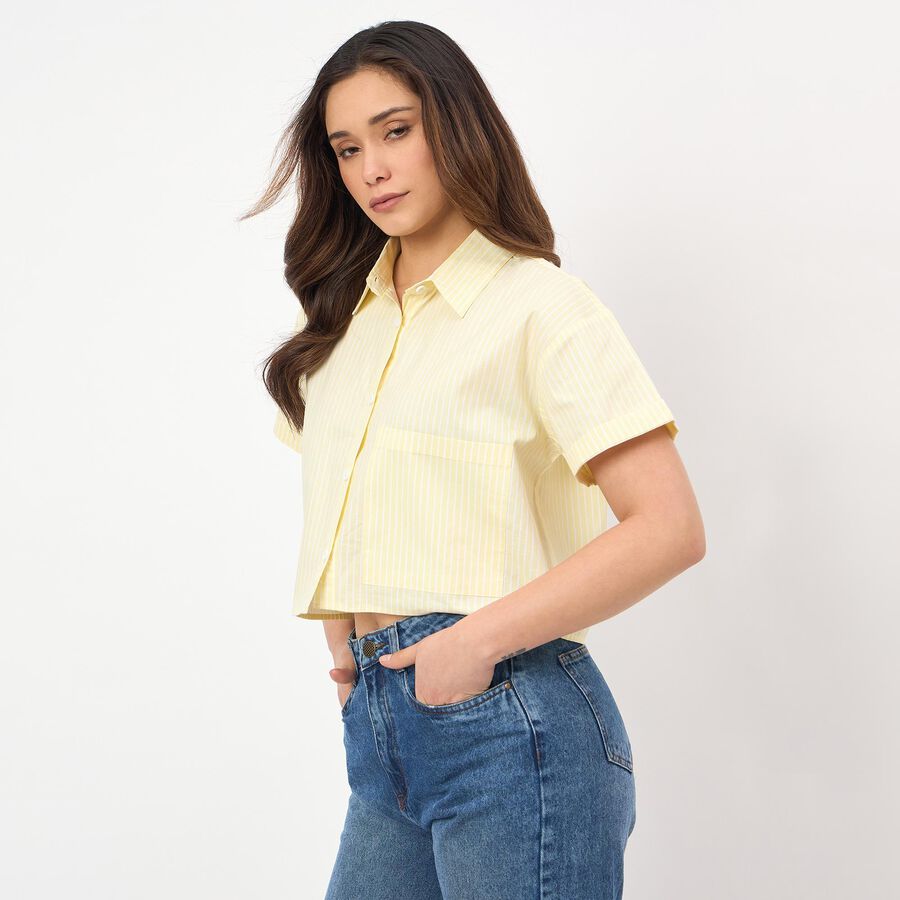 Women's Yellow Cotton Half Sleeve Classic Collar Casual Shirt, Yellow, large