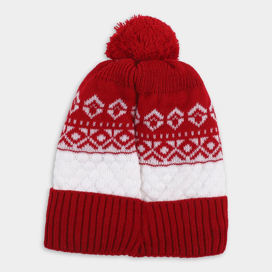 Boys' Bright Red and White Knitted Pom-Pom Winter Cap, Red, large image number null
