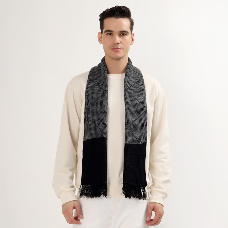 Men's Dark Charcoal Black Acrylic Geometric Muffler, Black, large image number null