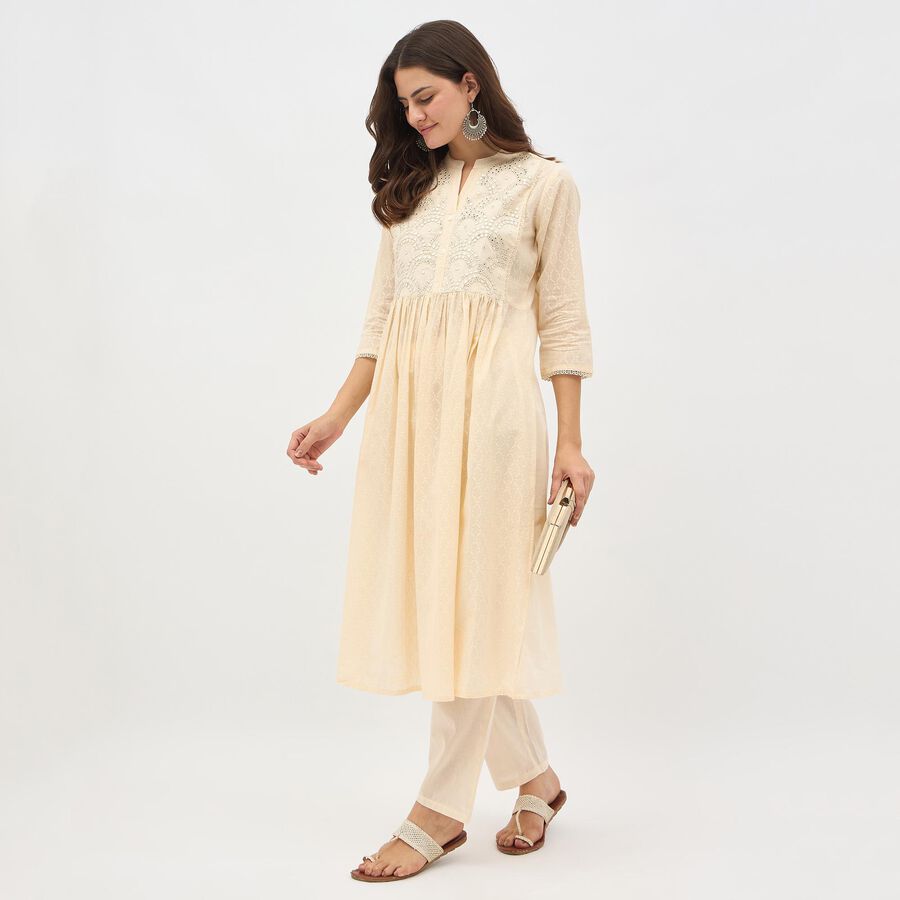 Women's White Cotton Embroidered Ethnic Set, Off White, large image number null