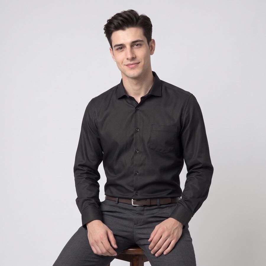 Men's Black Spread Collar Formal Shirt, काला, large
