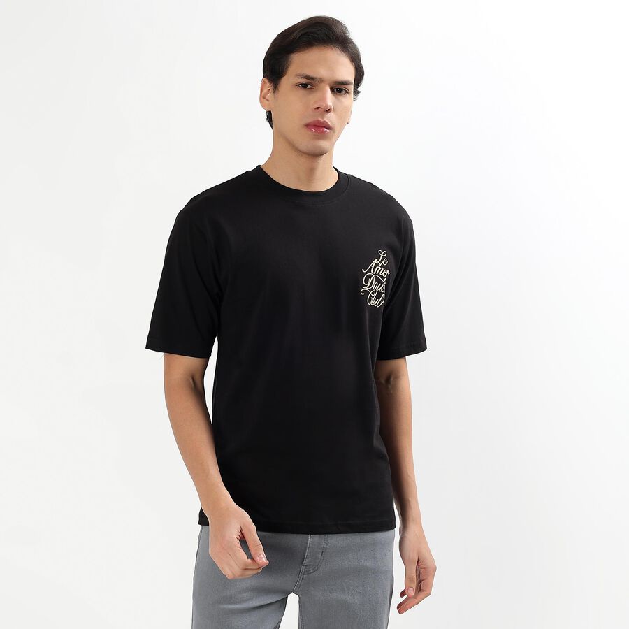 Men's Jet Black Cotton Round Neck Casual T-Shirt, काला, large